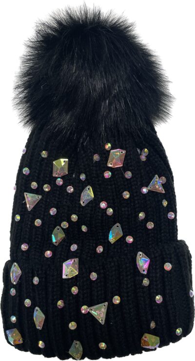 BLACK RHINESTONE & POM POM BEANIE